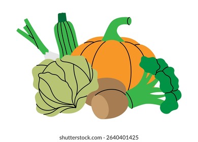 Fresh vegetables. Pumpkin, potatoes, cabbage, broccoli, zucchini, onion. Organic farm vegetables. Vector illustration.