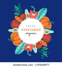 Fresh vegetables red and green colors in square frame, colorful postcard concept for posters, placards and banners. Hand drawn vector illustration in modern flat style, isolated on black background.
