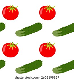 Fresh vegetables in a repeating pattern featuring red tomatoes and green cucumbers on a white backdrop