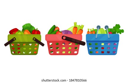Fresh Vegetables Rested in Shopping Baskets Vector Set