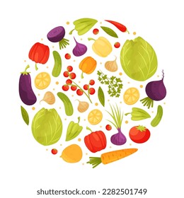 Diseño de composición redonda de verduras frescas con plantilla vectorial de cultivo de jardín maduro y jugoso