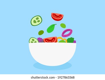 Fresh Vegetables Salad On Blue Background, Salad Bowl Health And Safety. Vector Illustration.