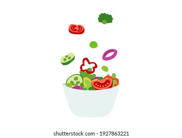 Fresh vegetables salad on white background, salad bowl health and safety. Vector illustration.