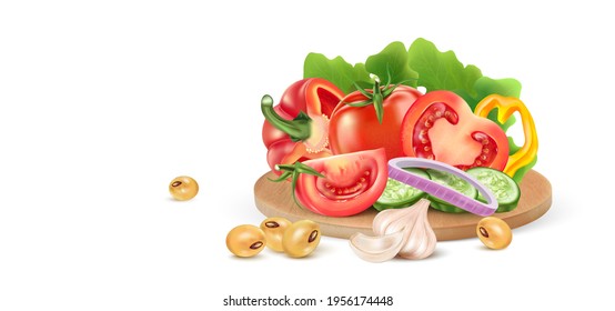 Fresh vegetables salad on wooden plate with tomatoes, cucumber, bell pepper, onion slice elements isolated on white background. Vector realistic in 3D illustration.