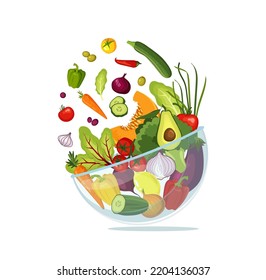 Fresh vegetables, salad, organic food, natural products, online food ordering, recipes. Vector illustration for poster, banner, website, flyer, advertising, menu