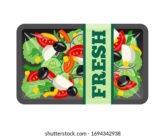 Fresh Vegetables Salad Package In Transparent Foam Tray Isolated On White Background