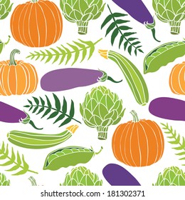 Fresh vegetables seamless background, pumpkins, peas, artichokes
