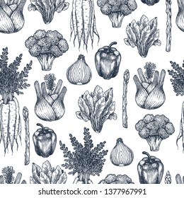 Fresh vegetables seamless pattern. Broccoli, carrot, onion, pepper, spinach, asparagus, fennel engraved vintage illustration. Vector illustration