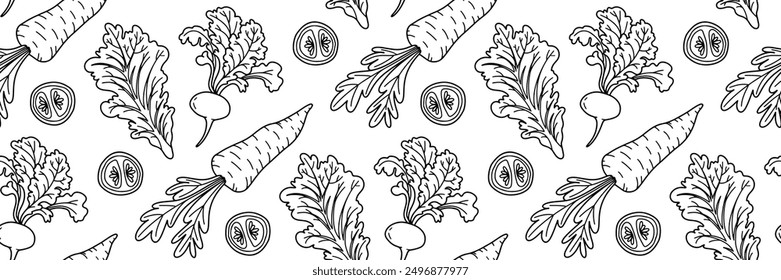 Verduras frescas sin patrón. Ilustración de doodle de zanahoria, ensalada y remolacha. Fondo vegetal del festival de la cosecha. Ingredientes vitamínicos orgánicos para cocinar alimentos saludables. Ilustración de contorno de Vector.