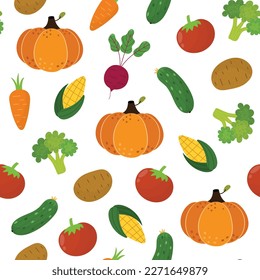 Fresh vegetables seamless pattern in cartoon style. Healthy food doodle background with pumpkin, corn, broccoli, carrot, tomato. Vector illustration