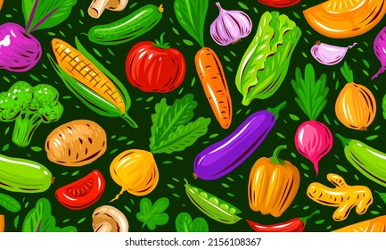 Fresh vegetables seamless pattern. Farm organic food concept. Background vector illustration