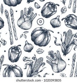 Fresh vegetables seamless pattern. Handsketched vintage vegetables. Line art illustration. Vector illustration