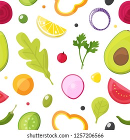 Fresh vegetables seamless pattern, healthy eating, vegetarian salad and agriculture concept. Vector illustration