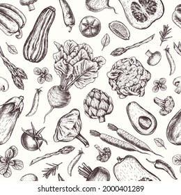 Fresh vegetables seamless pattern. Pumpkin, eggplant, artichoke, pepper, tomato, avocado, asparagus engraved. Vintage botanical background in engraved style for fabric, wrapping paper