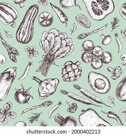Fresh vegetables seamless pattern. Pumpkin, eggplant, artichoke, pepper, tomato, avocado, asparagus engraved. Vintage botanical background in engraved style for fabric, wrapping paper
