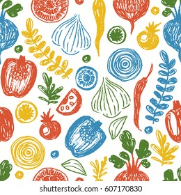 Fresh vegetables seamless pattern. Sketchy fun healthy eating background. Vector illustration