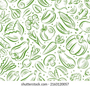 Fresh vegetables seamless pattern. Vegetarian healthy farm organic food background. Contour vector drawing