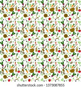 
Fresh vegetables seamless vector pattern of vegetarian tomatoes, carrots, paprika, onion, garlic, potatoes for grocery store, tablecloth. Illustration of healthy food and kitchen utensils, textured.