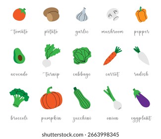 Conjunto de verduras frescas. Chile, zanahoria, tomate, champiñón, pimiento, aguacate, calabaza, brócoli, repollo, nabo, berenjena