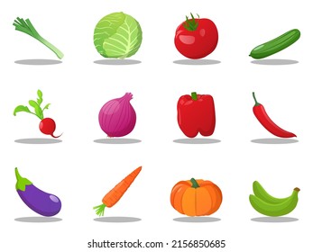 Fresh Vegetables Set With Tomatoes, Cabbage, Leek, Cucumber, Onion, Plantain, Carrot, Raddish, Cartoon Ilustrations