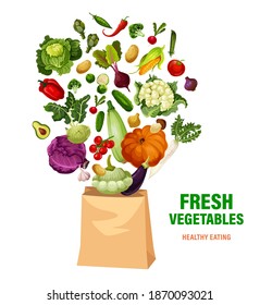 Fresh vegetables and shopping bag, healthy eating, vector veggies and greenery. Corn, tomato, and squash, cauliflower, broccoli, pumpkin and cabbage or beans. Farm market production, eco organic food