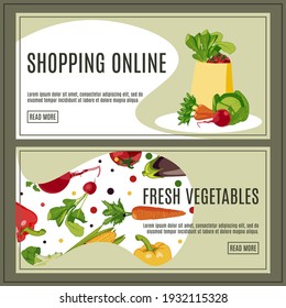 Fresh vegetables shopping online landing page. Natural organic products delivery service. Eco natural food store, farm market webdite interface flat vector illustration