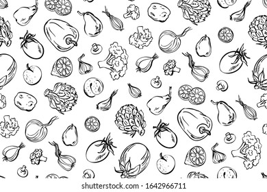Fresh vegetables sketch background, vector seamless pattern hand drawn. Food illustration for shop. Natural food. 