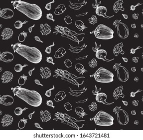 Fresh vegetables sketch background, vector seamless pattern hand drawn. Food illustration for shop. Natural food. 