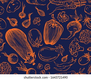 Fresh vegetables sketch background, vector seamless pattern hand drawn. Food illustration for shop. Natural food. 