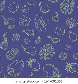 Fresh vegetables sketch background, vector seamless pattern hand drawn. Food illustration for shop. Natural food. 