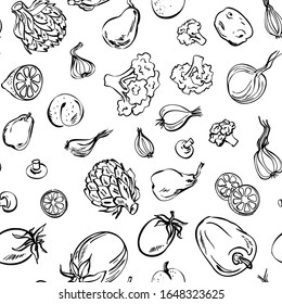 Frisches Gemüse Skizzenhintergrund, Vektorillustration nahtlos handgezeichnet. Food-Illustration für den Laden. Natürliche Nahrung. 