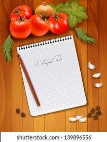 Fresh vegetables and spices on a wooden background and notebook for notes. Vector