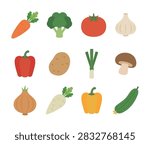Fresh vegetables vector illustration set. Flat icons of carrot, broccoli, tomato, garlic, paprika, potato, onion, and cucumber for organic food recipe and market banner design.