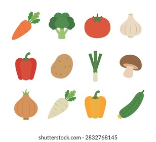 Fresh vegetables vector illustration set. Flat icons of carrot, broccoli, tomato, garlic, paprika, potato, onion, and cucumber for organic food recipe and market banner design.