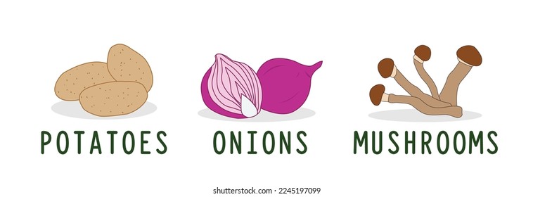 Fresh Vegetables Vector On White Background. Veganuary potatoes, onions and Mushrooms.