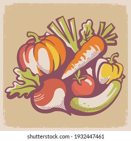 Fresh vegetables. Vector Retro style Harvest festival graphic illustration. Farm organic product on old paper texture poster background