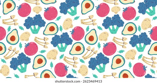 Vegetais frescos vetor padrão sem emenda no fundo branco. Brócolis, tomate, cogumelos, abacate.