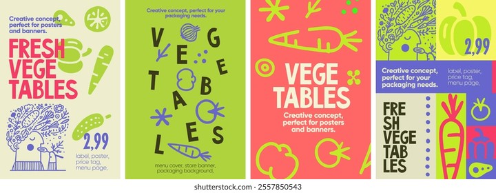 Fresh Vegetables. Vibrant design with fresh vegetables in a playful style, ideal for posters, tags, and packaging, featuring bold typography and hand-drawn vector illustrations.