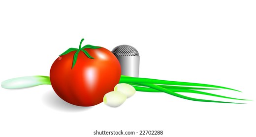 Fresh vegetables for vitamin salad - a tomato, an onions, garlic and salt on a white background in a vector