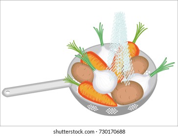 Fresh vegetables are washed under running water. On the colander potatoes, onions, carrots. Juicy vegetables should be eaten clean. Vector illustration. - Powered by Shutterstock - Get 15% off with code: PIKWIZARD15