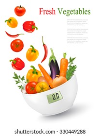 Hortalizas frescas a escala de peso. Concepto dietético. Vector.
