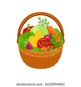 Fresh vegetables in wicker basket isolated on white background. Vector cartoon flat illustration. Organic food icon.