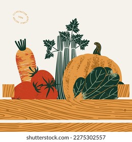 Verduras frescas en una caja de madera. Calabaza con apio y zanahoria con espinacas y tomates. Ilustración vectorial. 