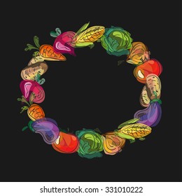 Fresh vegetables wreath. Harvest circle frame border. Vegetarian vector illustration.