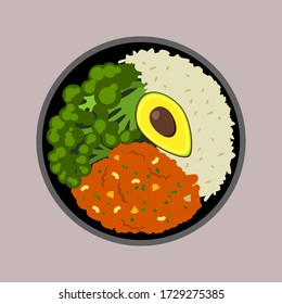 fresh vegetarian curry with avocado and white rice