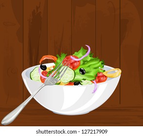 Fresh vegetarian vegetable salad on a old wooden background