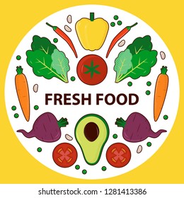 Fresh veggies colourful round composition with text fresh food. Vegan dieting cliparts. Organic diet
