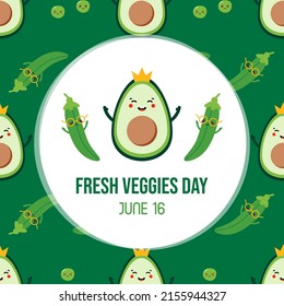 Fresh Veggies Day vector cartoon style greeting card, illustration with cute cartoon style veggies characters and seamless pattern background. June 16.
