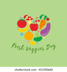 Fresh Veggies Day Vector. Healthy Vegetarian Food. Vegetarian Fresh Product. Natural Organic Vegetables and Fruits.