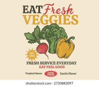 Dibujo a mano de Fresh Veggies. brócoli, capsicom, remolacha ilustración vegetal. tipografía eslogan vegetal. diseño de camiseta de verduras de verano